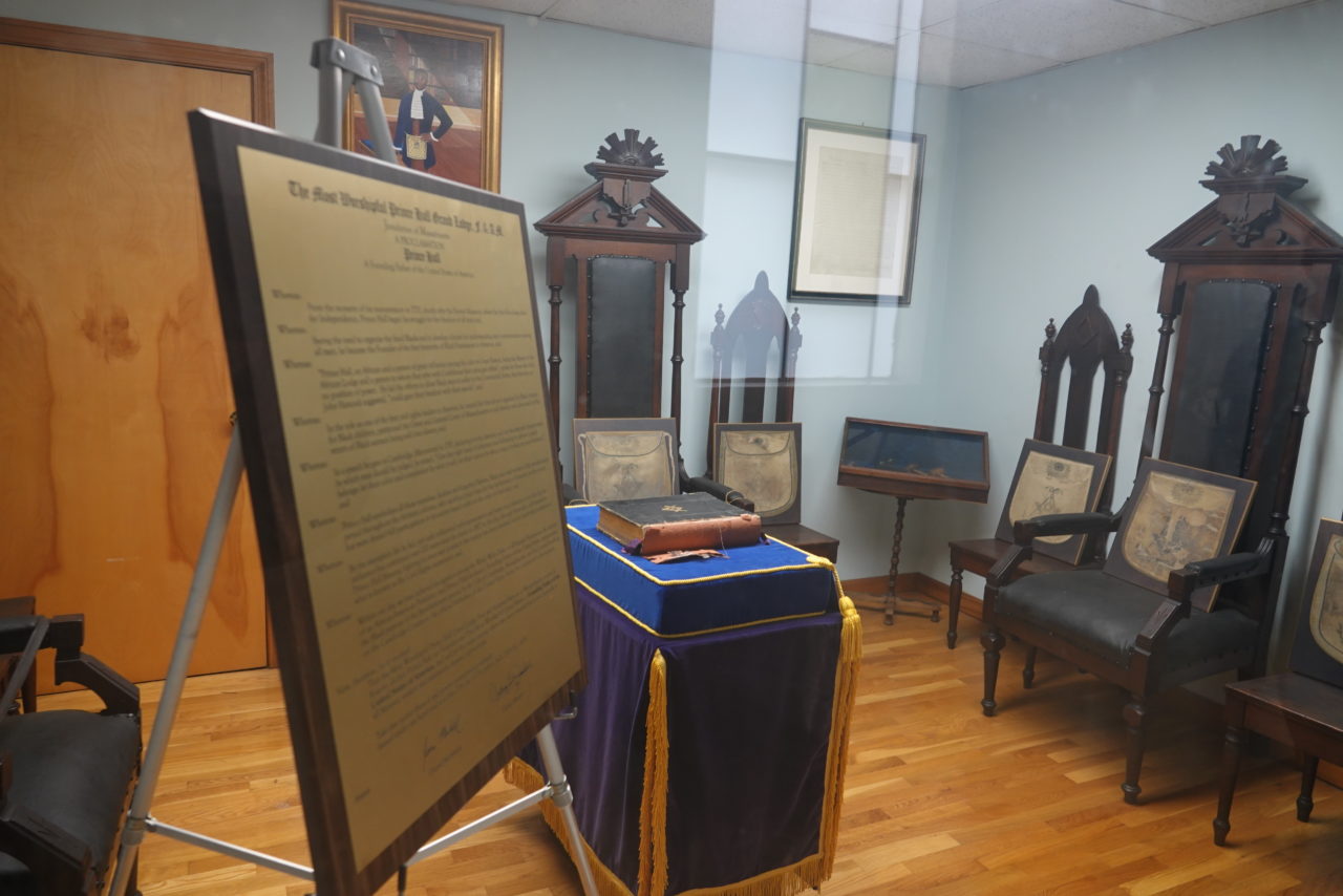 African Lodge exhibition with historic furnishings and framed documents